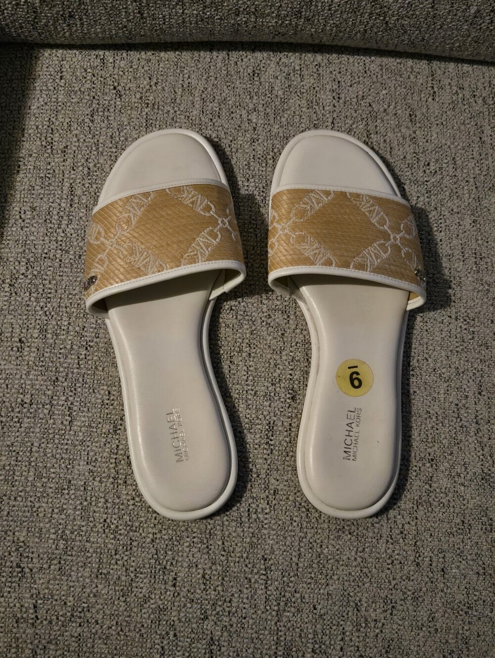 Michael Kors White and Tan Bamboo Patterned Logo Leather Slide Sandals womens 9M